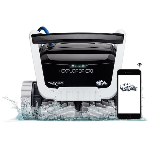 Dolphin Explorer E70 Robotic Pool Vacuum Cleaner with Wi-Fi Control — Included Universal Caddy for No-Hassle Storage — Ideal for All Pool Types up to 50 FT in Length