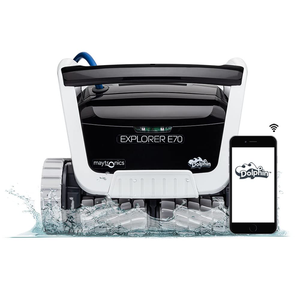Aspirateur de piscine robotique Dolphin Explorer E70 avec contrôle Wi-Fi - Chariot universel inclus pour un stockage sans tracas - Idéal pour tous les types de piscine jusqu'à 50 pieds de longueur