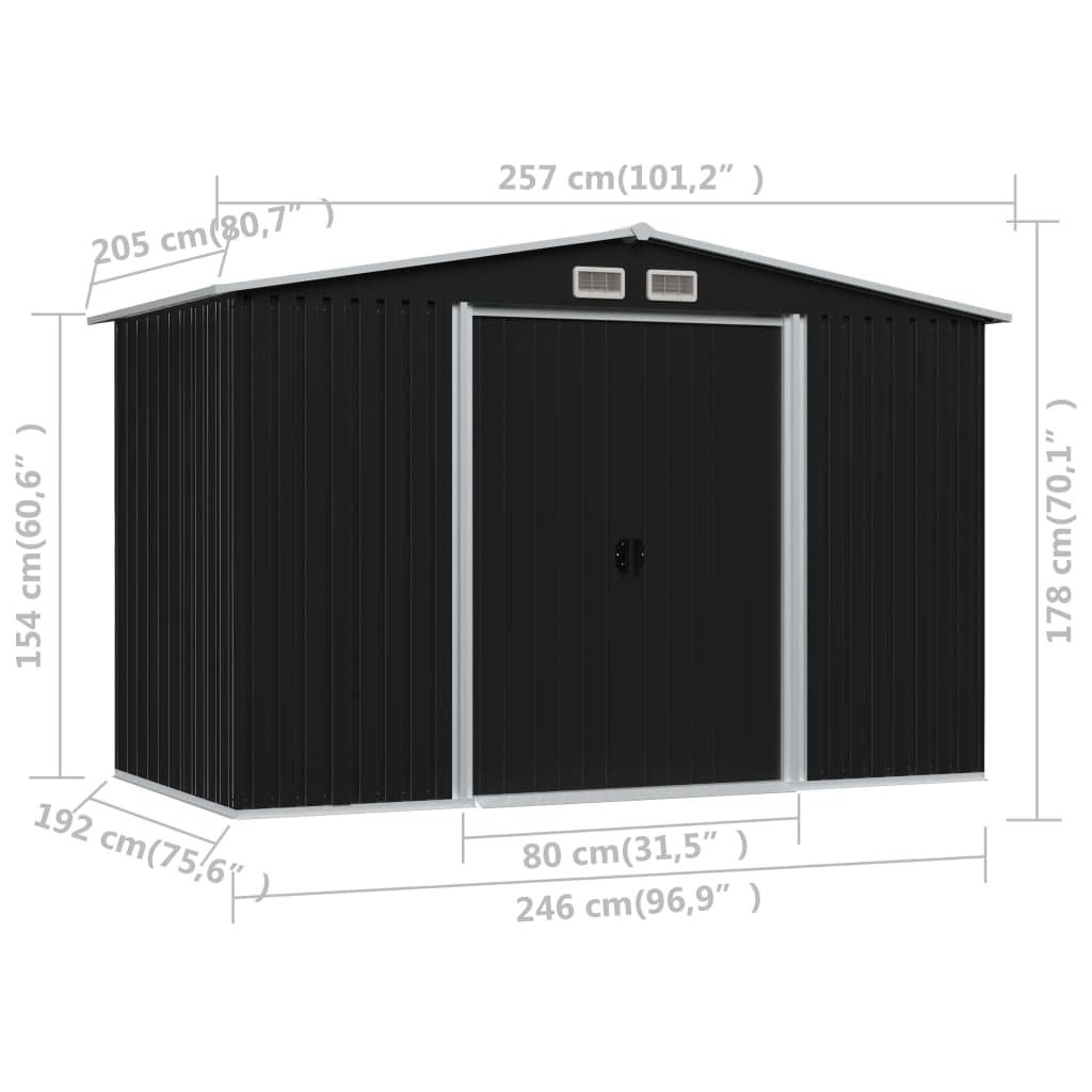 GOLINPEILO Large Outdoor Garden Shed with Sliding Doors and Vents Galvanized Steel Outdoor Tool Shed Pool Supplies Organizer Outside Shed for Backyard Yard Lawn Mower 101.2"x80.7"x70.1" Anthracite 101.2"x80.7"x70.1"