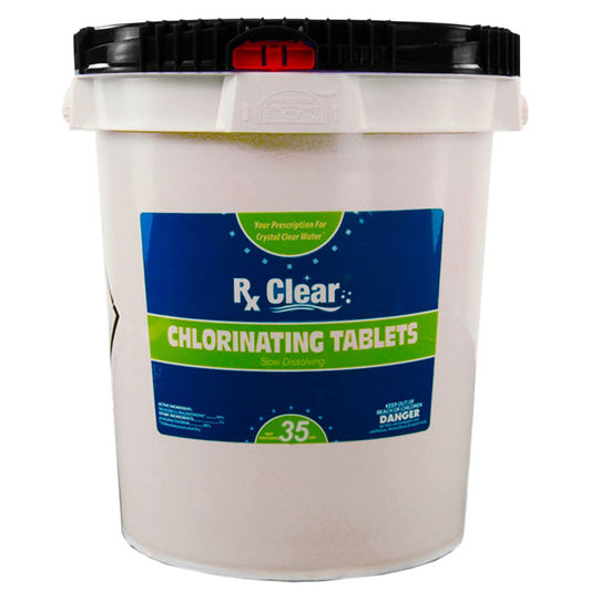 Rx Clear Comprimés de chlore stabilisé de 1 pouce | Utiliser comme bactéricide, algicide et désinfectant dans les piscines et les spas | Dissolution lente et protection UV | 35 livres