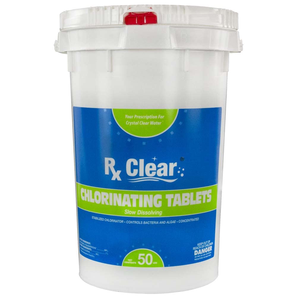 Rx Clear Comprimés de chlore emballés individuellement de 3 pouces | Un seau de 50 livres | Utiliser comme bactéricide, algicide et désinfectant dans les piscines et les spas | Dissolution lente et protection UV 50 lb