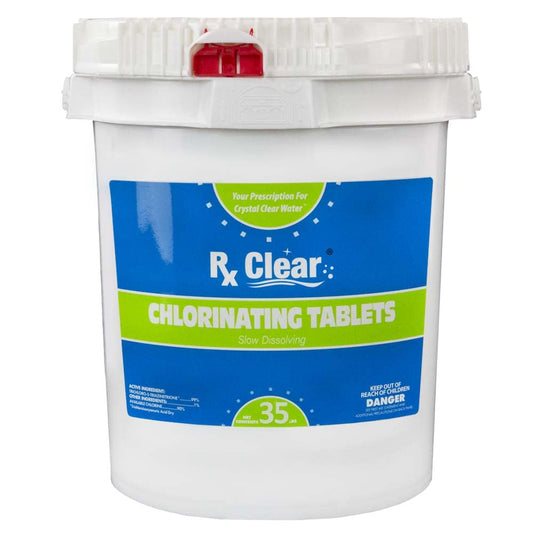 Rx Clear Comprimés de chlore emballés individuellement de 3 pouces | Un seau de 35 livres | Utiliser comme bactéricide, algicide et désinfectant dans les piscines et les spas | Dissolution lente et protection UV 35 lb