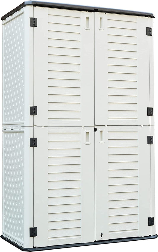 Kinying Outdoor Storage Cabinet, Vertical Storage Shed Perfect to Store Patio Furniture, Garden Tools Accessories,Bike,Beach Chairs and Lawn Mower, 4x2.5 Feet off-white-02B