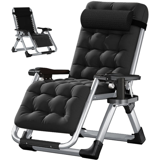 LILYPELLE Chaise Zero Gravity, Chaise longue portable inclinable de qualité supérieure avec coussin amovible, appuie-tête et porte-gobelet, chaise longue de terrasse inclinable Noir