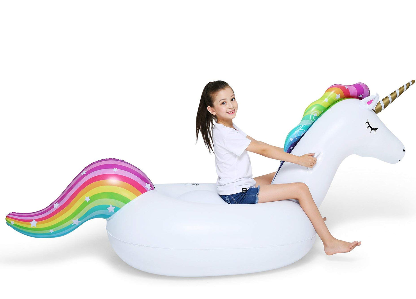 Jasonwell Big Inflatable Unicorn Pool Float Floatie Ride On with Fast Valves Large Rideable Blow Up Summer Beach Swimming Pool Party Lounge Raft Decorations Toys Kids Adults