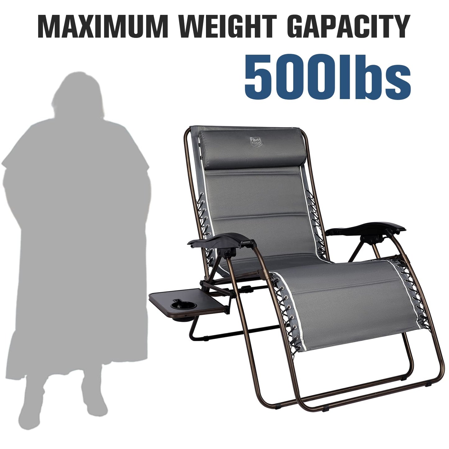 TIMBER RIDGE XXL Oversized Zero Gravity Chair, Full Padded Patio Lounger with Side Table, 33”Wide Reclining Lawn Chair, Support 500lbs(Gray) Grey-new