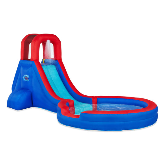 Sunny & Fun Inflatable Single Ring Water Slide Park – Heavy-Duty for Outdoor Fun - Climbing Wall, Slide & Deep Pool – Easy to Set Up & Inflate with Included Air Pump & Carrying Case Blue/Red