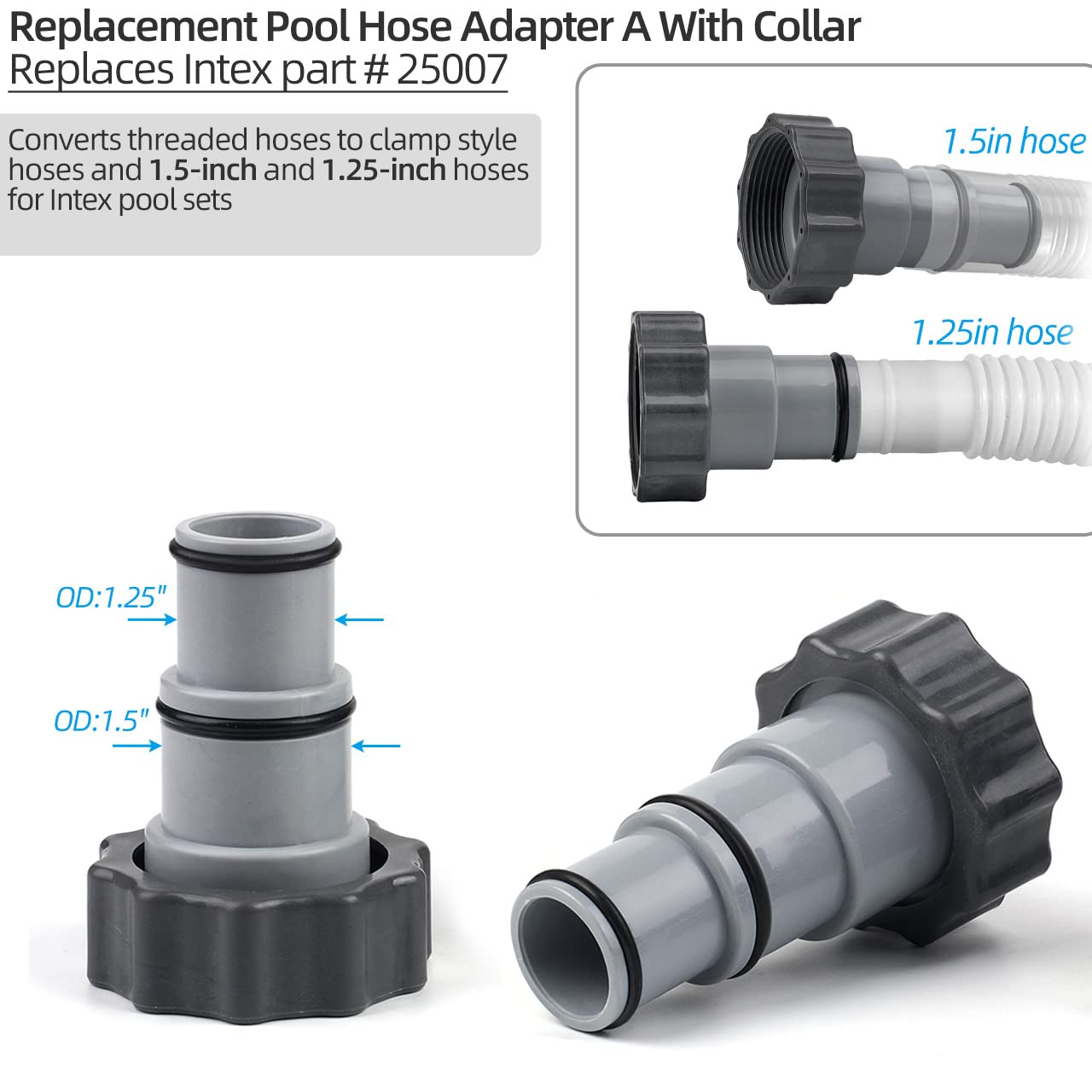 Pool Hose Adapter A with Collar for Intex Threaded Connection Pump, Converts 1.5 & 1.25-inch Hoses (2 Pack)