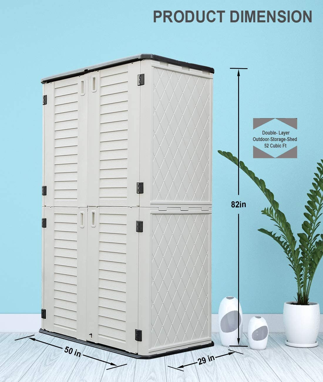HOMSPARK Vertical Storage Shed Weather Resistance, Double-Layer Outdoor Storage Cabinet Multi-Purpose for Backyards and Patios Accessories, (50 in. L x 29 in. W x 82 in. H, 52 Cubic Feet) Grey roof,Cream white wall,Black floor