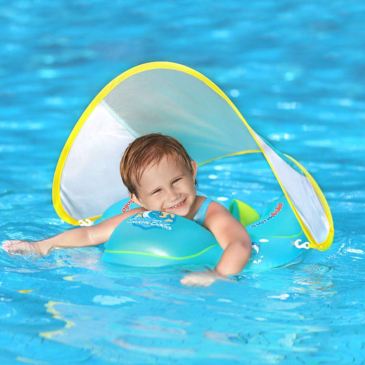 Swimbobo Baby Swimming Float Inflatable Infant Pool Float Ring with Sun Protection Removable Canopy for Kids Aged 3-36 Months Fun on The Water（Blue+Canopy,L） Blue+canopy Large