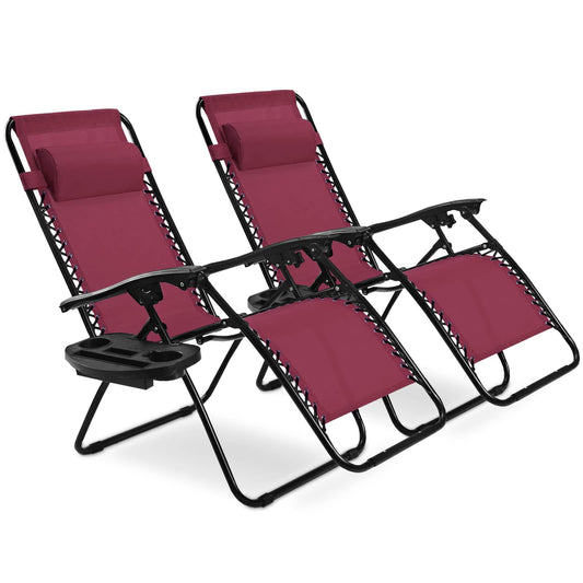 Chaise longue Goplus Zero Gravity, chaise longue inclinable et pliante réglable avec oreiller et porte-gobelet, fauteuil inclinable de terrasse pour piscine extérieure, camp, cour (lot de 2, vin) lot de 2