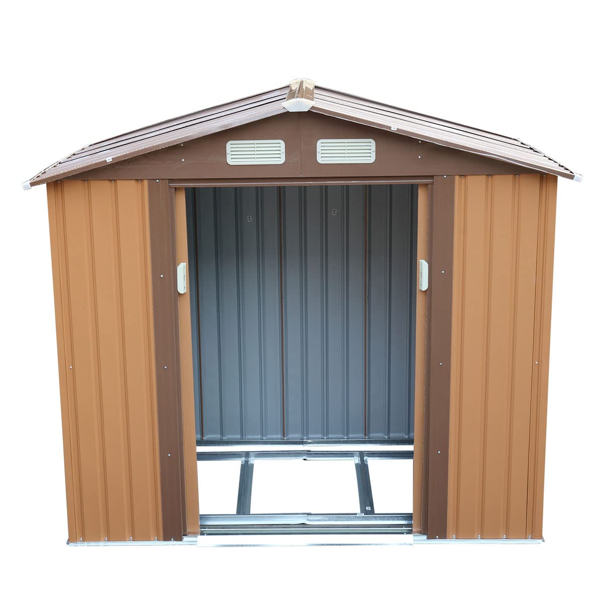 NBTiger 4.2’ x 7’ Large Outdoor Storage Shed, Sturdy Utility Tool Lawn Mower Equipment Organizer for Backyard Garden w/Gable Roof, Lockable Sliding Door, Vents - Coffee