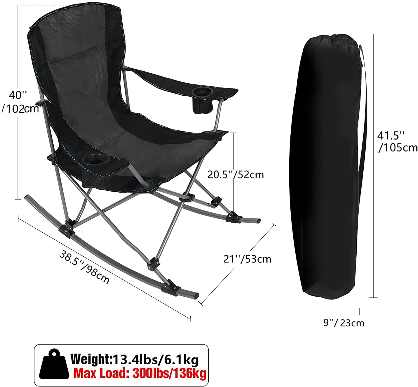 REDCAMP Chaise de camping à bascule pliante avec dossier haut pour adultes, chaises de jardin à bascule portables pour la pêche en terrasse, support jusqu'à 136 kg, noir avec dossier rembourré