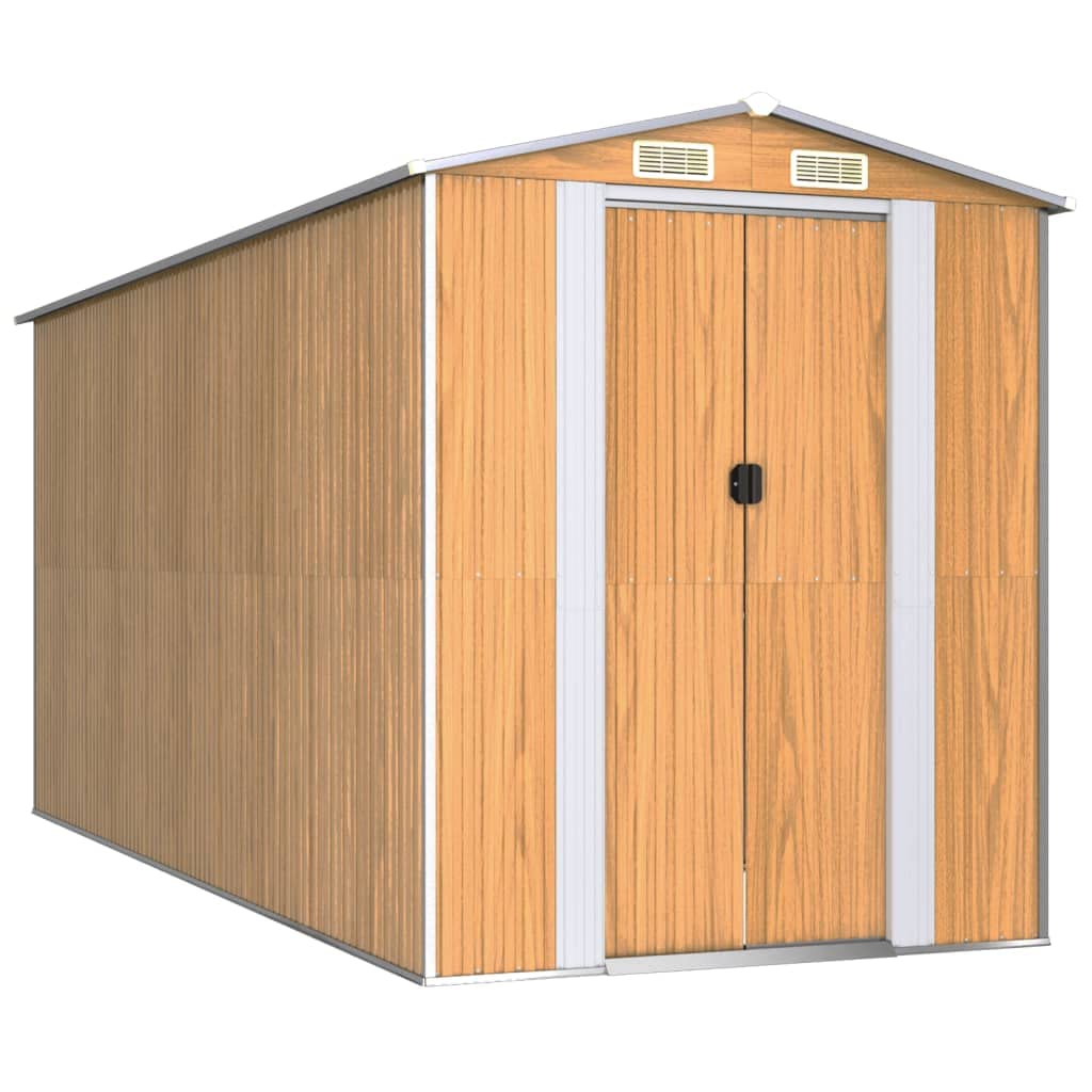 GOLINPEILO Outdoor Garden Shed with Sliding Doors and Vents Galvanized Steel Outdoor Tool Shed Pool Supplies Organizer Outside Shed for Yard Backyard Lawn Mower, Light Brown 75.6"x173.2"x87.8" 75.6"x173.2"x87.8"