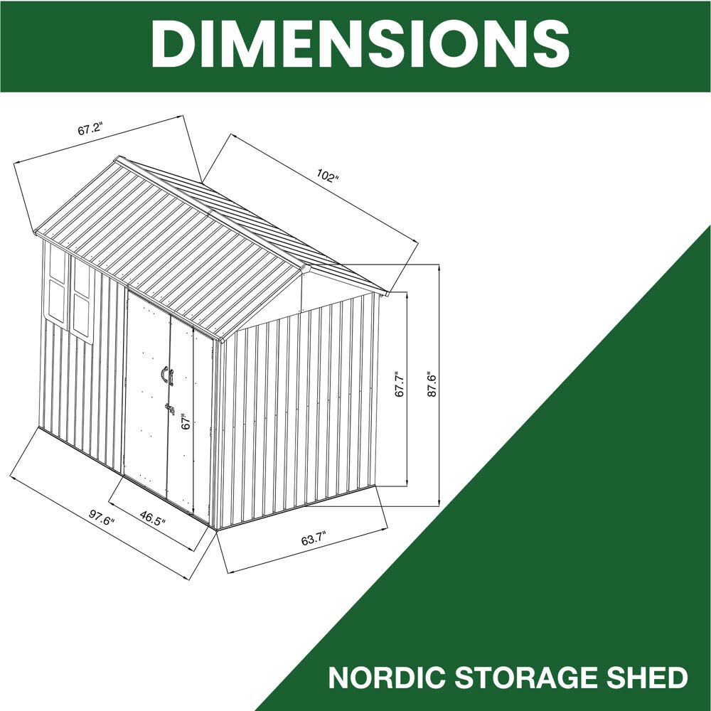 Hanover Nordic Storage Shed with Window | Galvanized Steel | Sliding Bolt Lock | 6-Ft. x 8-Ft. x 7-Ft. | Dark Gray | HANNORDICSHD-GW Steel Nordic Storage Shed