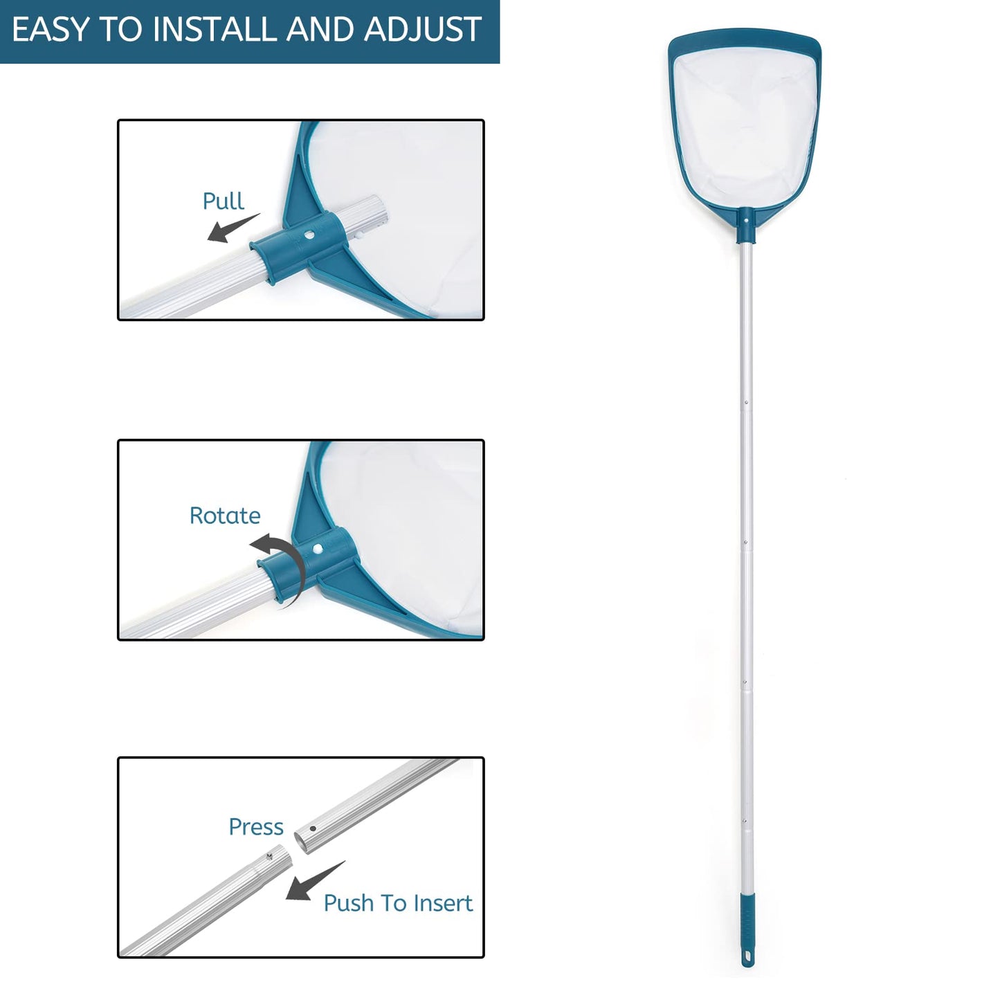 POOLWHALE Upgrades Swimming Pool Telescopic Leaf Net Skimmer Rake with Adjustable Aluminum Pole and Nylon Medium Fine Mesh for Cleaning Swimming Pools, Hot Tubs, Spas and Fountains Pool Skimmer with Pole