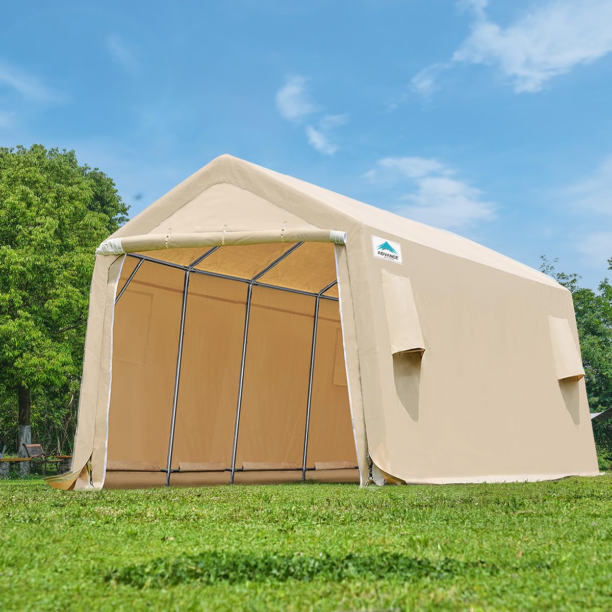 ADVANCE OUTDOOR 10X20 ft Carport Heavy Duty Outdoor Patio Anti-Snow Portable Canopy Storage Shelter Shed with 2 Rolled up Zipper Doors & Vents for Snowmobile Garden Tools, Beige (8808BY-3) 10'x20'