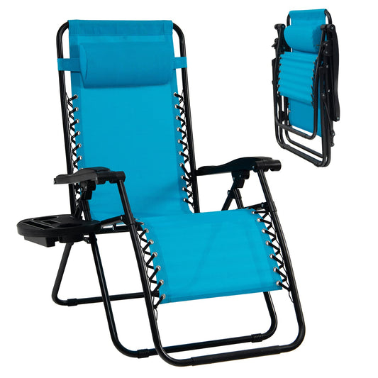 Goplus Zero Gravity Chaise, Chaise longue inclinable et pliante réglable avec oreiller et porte-gobelet, Patio Pelouse inclinable pour piscine extérieure Camp Yard (1, Bleu clair) Lot de 1