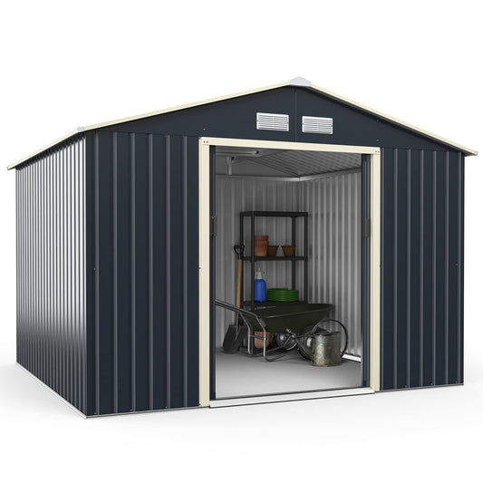 Goplus Storage Shed, Metal 9’ X 8’ Outdoor Building Organizer with 4 Vents & Double Sliding Door for Garden Backyard Farm (9'X8') 9'X8'
