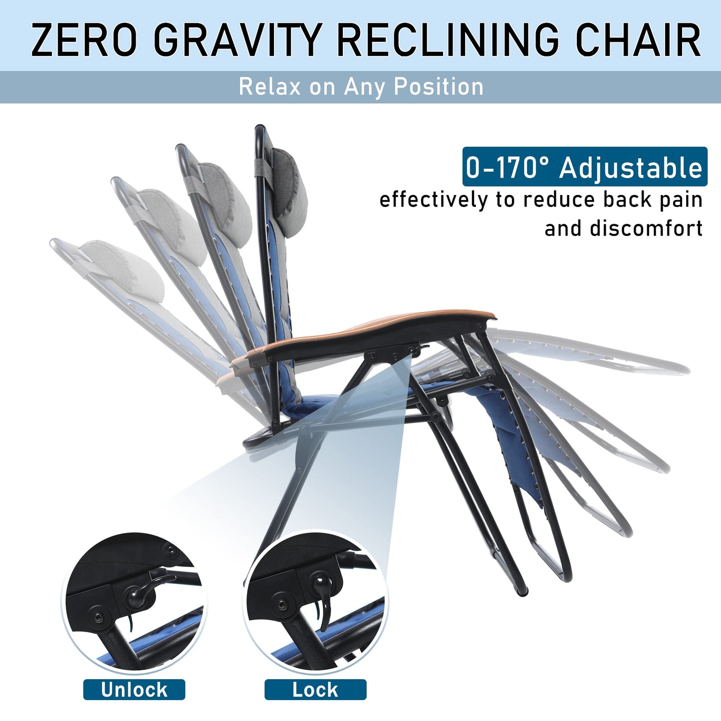PHI VILLA Oversize XL Rembourré Zero Gravity Lounge Chair Family Lovers Pack avec large accoudoir inclinable pliable, Lot de 2, Support 400 LBS (Bleu) Pouce Bleu-surdimensionné 2-Pack