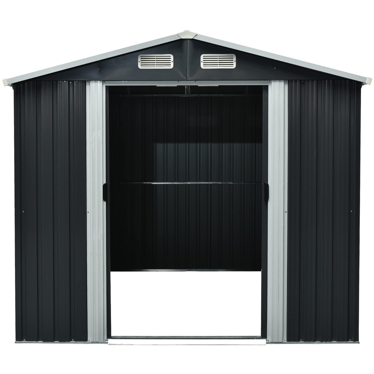 Chery Industrial 8x9FT Shed Outdoor Storage Shed, Galvanized Garden Shed with Air Vent and Slide Door, Tool Storage Backyard Shed,Tiny House Garden Tool Storage for Backyard Patio Lawn(Black)