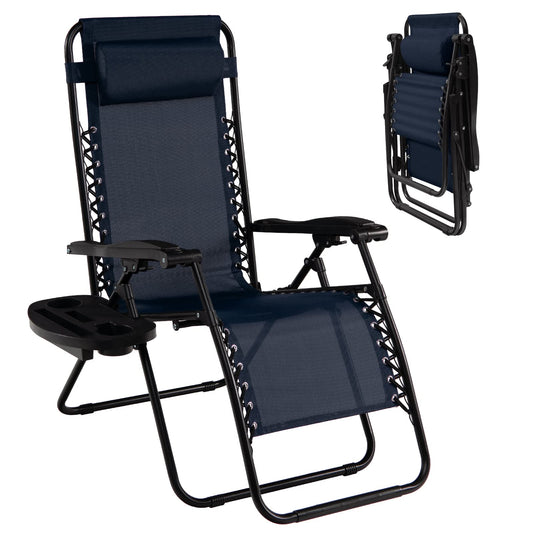 Goplus Zero Gravity Chaise, Chaise Longue Inclinable Pliante Réglable avec Oreiller et Porte-gobelet, Patio Pelouse inclinable pour Piscine Extérieure Camp Yard (1, Bleu Marine) lot de 1
