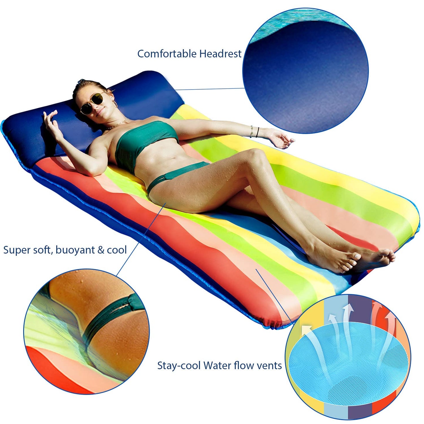 FindUWill Pool Floats Raft- 72" X 37" Extra Large Fabric-Covered Pool Floats for Adults, Inflatable Oversized Pool Raft with Headrest Ultra-Comfort Floating Mat Floaties(XL, Colorful Stripes)