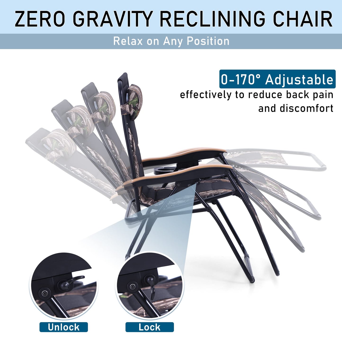 PHI VILLA Lot de 2 chaises longues rembourrées Zero Gravity surdimensionnées avec accoudoir large et inclinable pliable, ensemble de 2, supporte 400 lb (camouflage) Camouflage surdimensionné 2-Pack