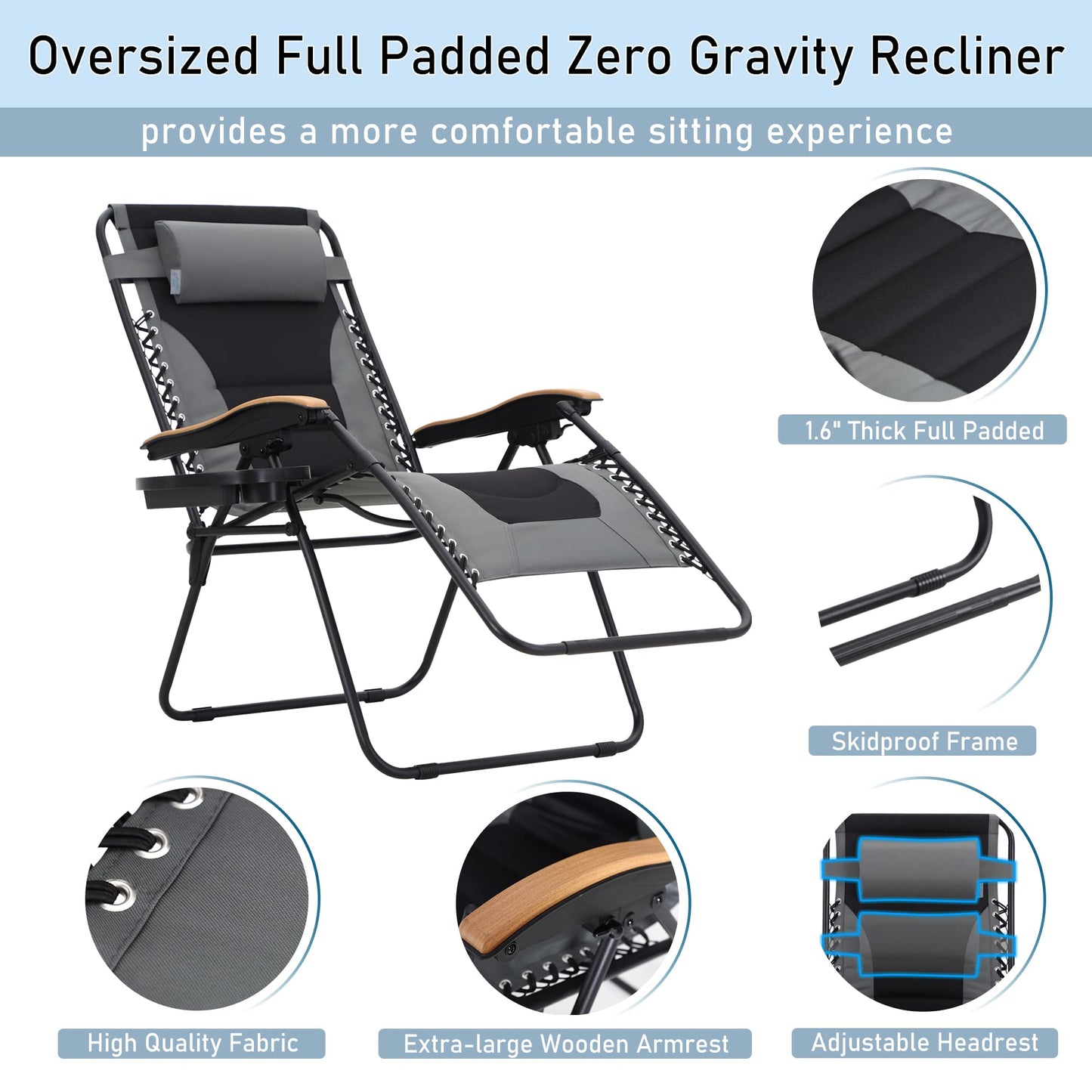 PHI VILLA Oversize XL Padded Zero Gravity Lounge Chair Family Lovers Pack with Wide Armrest Foldable Recliner, Set of 2, Support 400 LBS (Grey) Grey-oversized 2-Pack