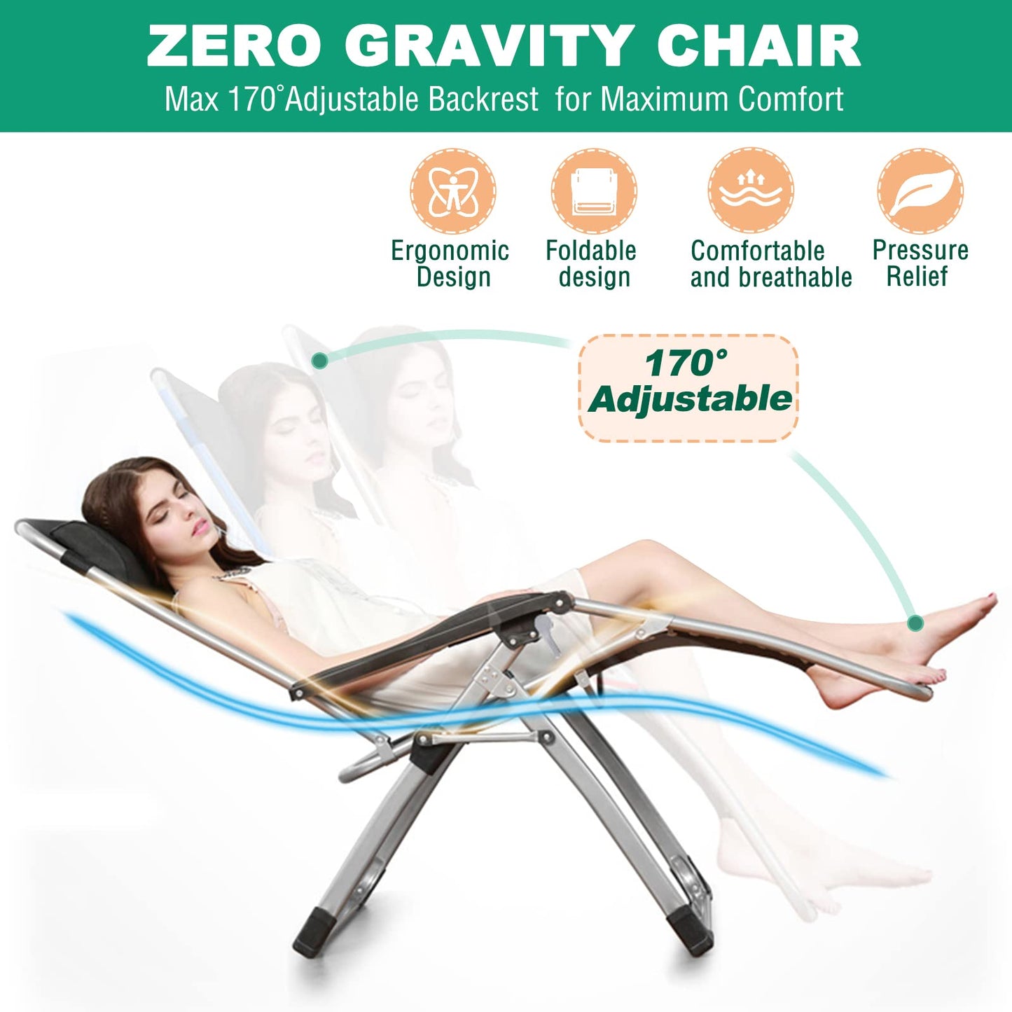 LILYPELLE Chaise longue inclinable Zero Gravity, chaise longue portable inclinable de qualité supérieure avec coussin amovible, appuie-tête et porte-gobelet, chaise longue de terrasse inclinable Zero Gravity Chair-2Pack Noble Black