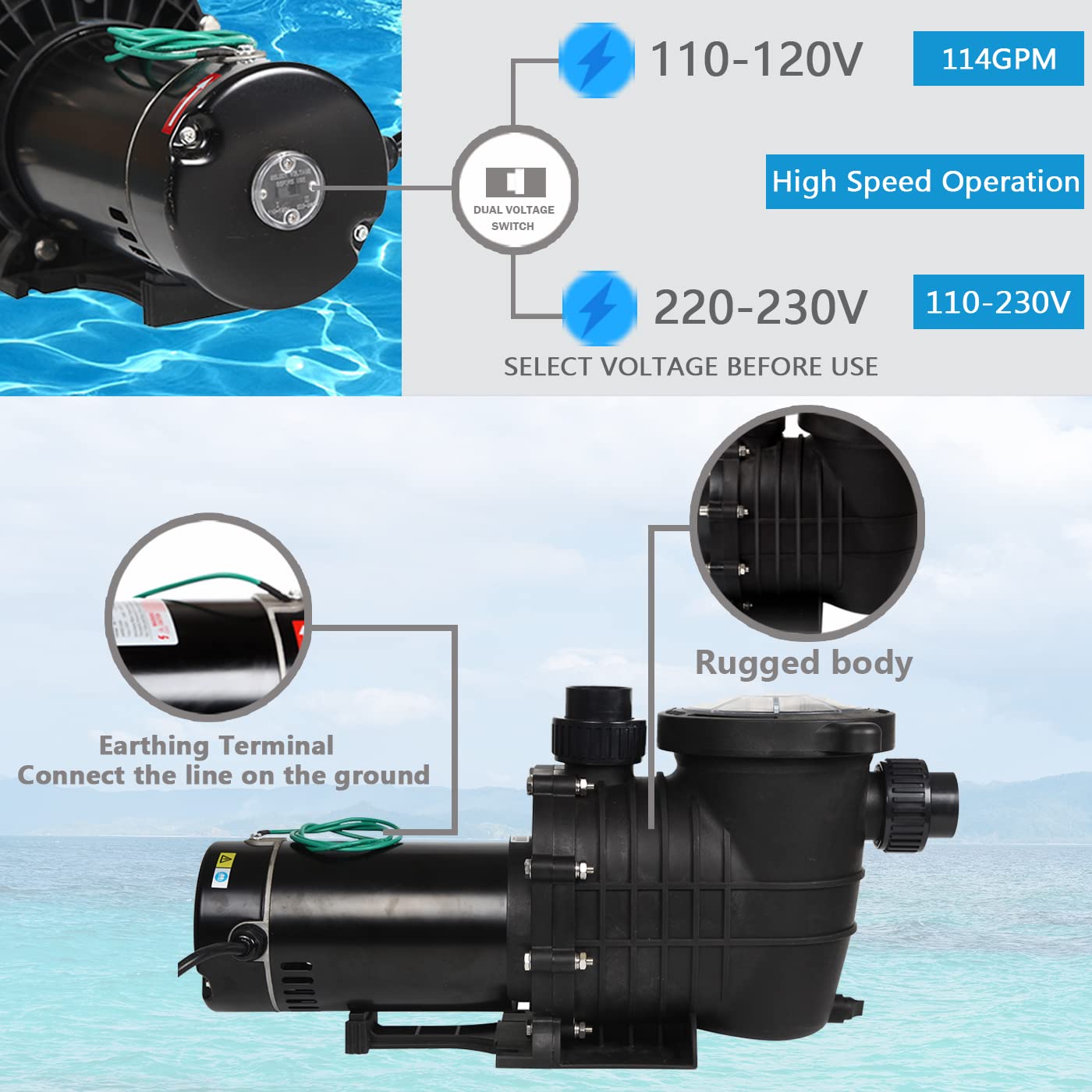 TRUPOW 2.0HP 114GPM Swimming Pool Pump 110V/220V Dual Voltage Garden InGround and Above Ground Pool Water Pump with Strainer Filter Basket 110-240v Dual Volt