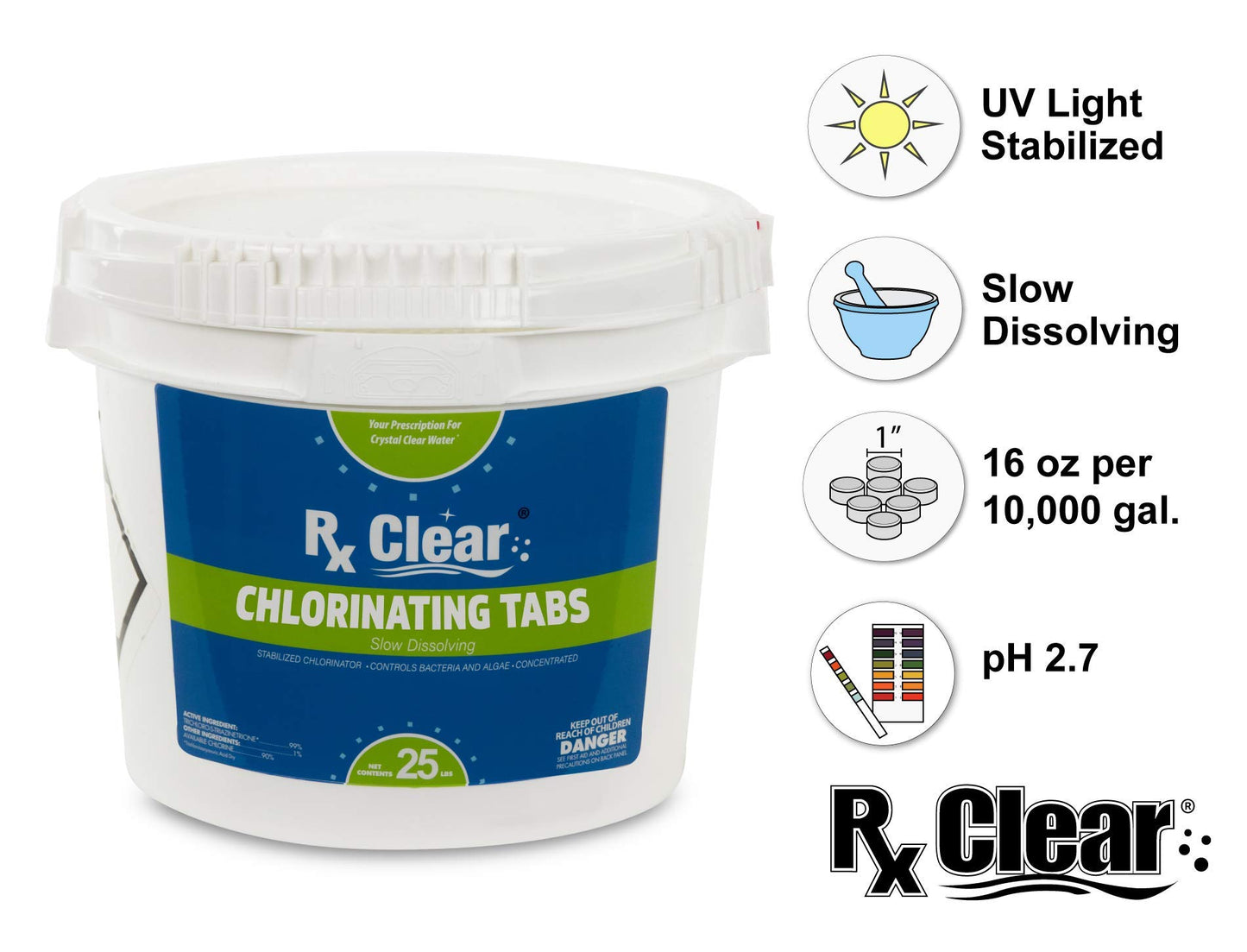Rx Clear 1-Inch Stabilized Chlorine Tablets | Use As Bactericide, Algaecide, and Disinfectant in Swimming Pools and Spas | Slow Dissolving and UV Protected | 25 Lbs