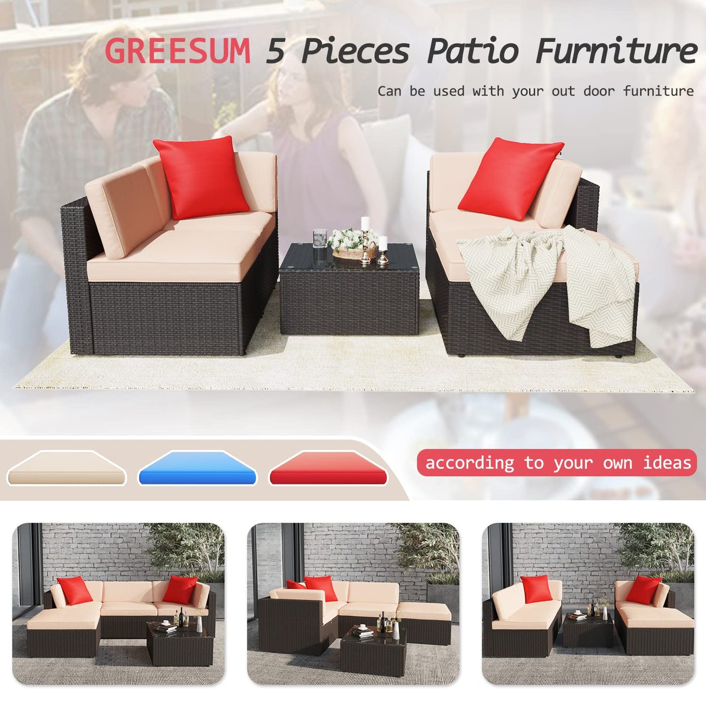 Greesum Ensemble de meubles de patio 5 pièces avec canapé sectionnel en rotin et osier avec coussins, oreillers et table en verre, beige 5 pièces 