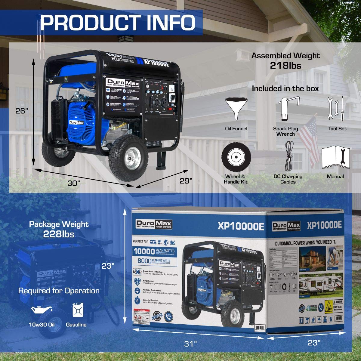 DuroMax XP10000E Gas Powered Portable Generator-10000 Watt Electric Start-Home Back Up & RV Ready, 50 State Approved, Blue/Black 10,000-Watt Gas
