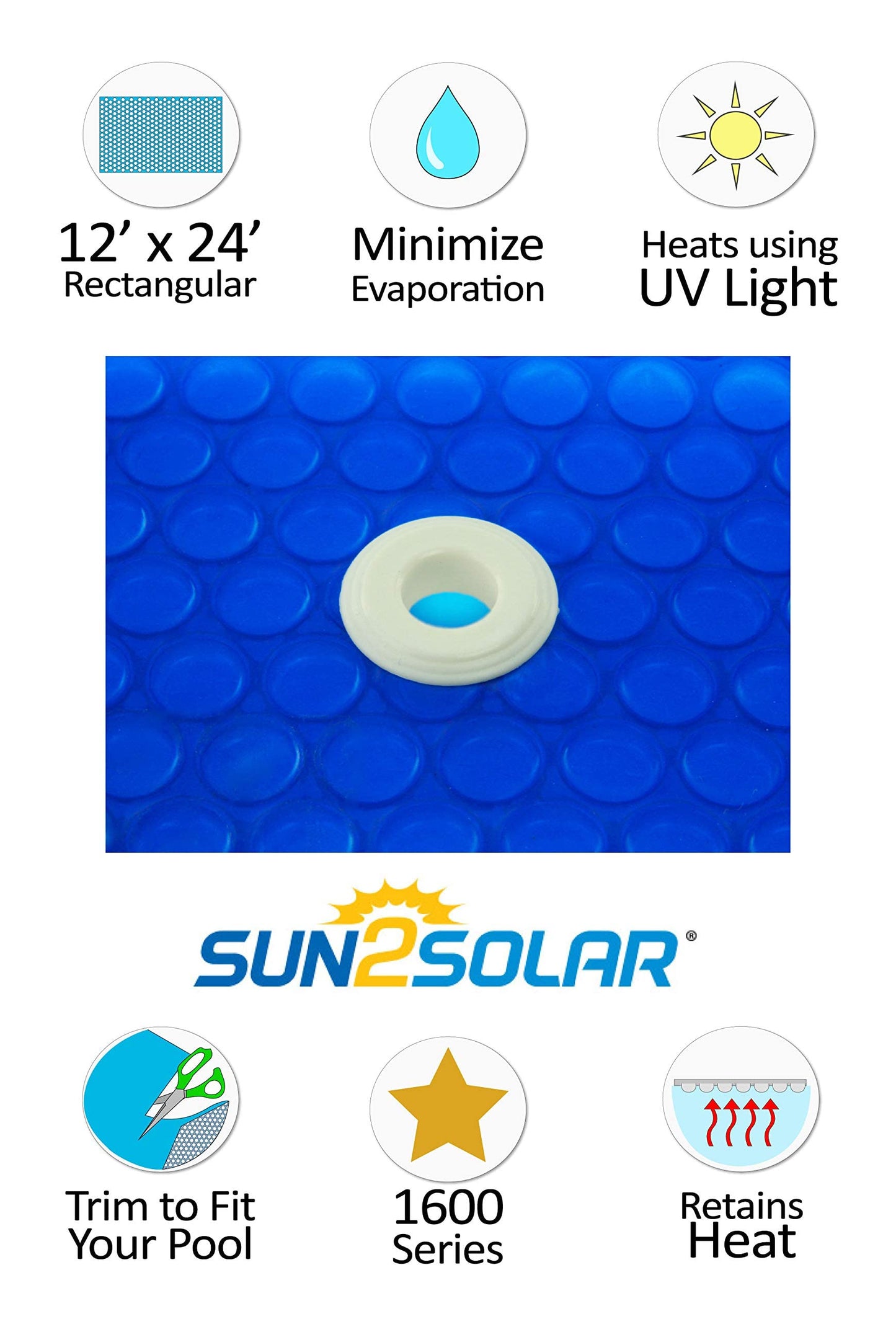 Sun2Solar Couverture solaire rectangulaire bleue 3,7 x 7,1 m Couverture de rétention de la chaleur | Série 1600 avec lot de 6 œillets | Piscine Rectangulaire Creusée et Hors-Terre | Rectangle côté bulle vers le bas 12' x 24'