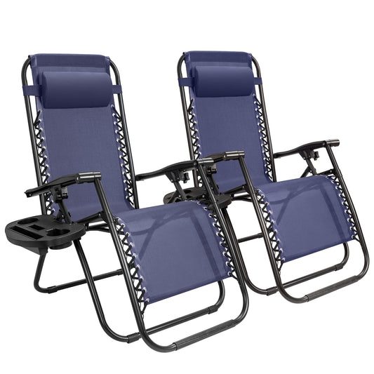 GUNJI Chaise Zero Gravity Chaises longues pliantes pour pelouse d'extérieur Lot de 2 chaises de terrasse inclinables réglables avec porte-gobelet Chaises de salon à gravité pour piscine, jardin, plage et camping (Bleu) Bleu
