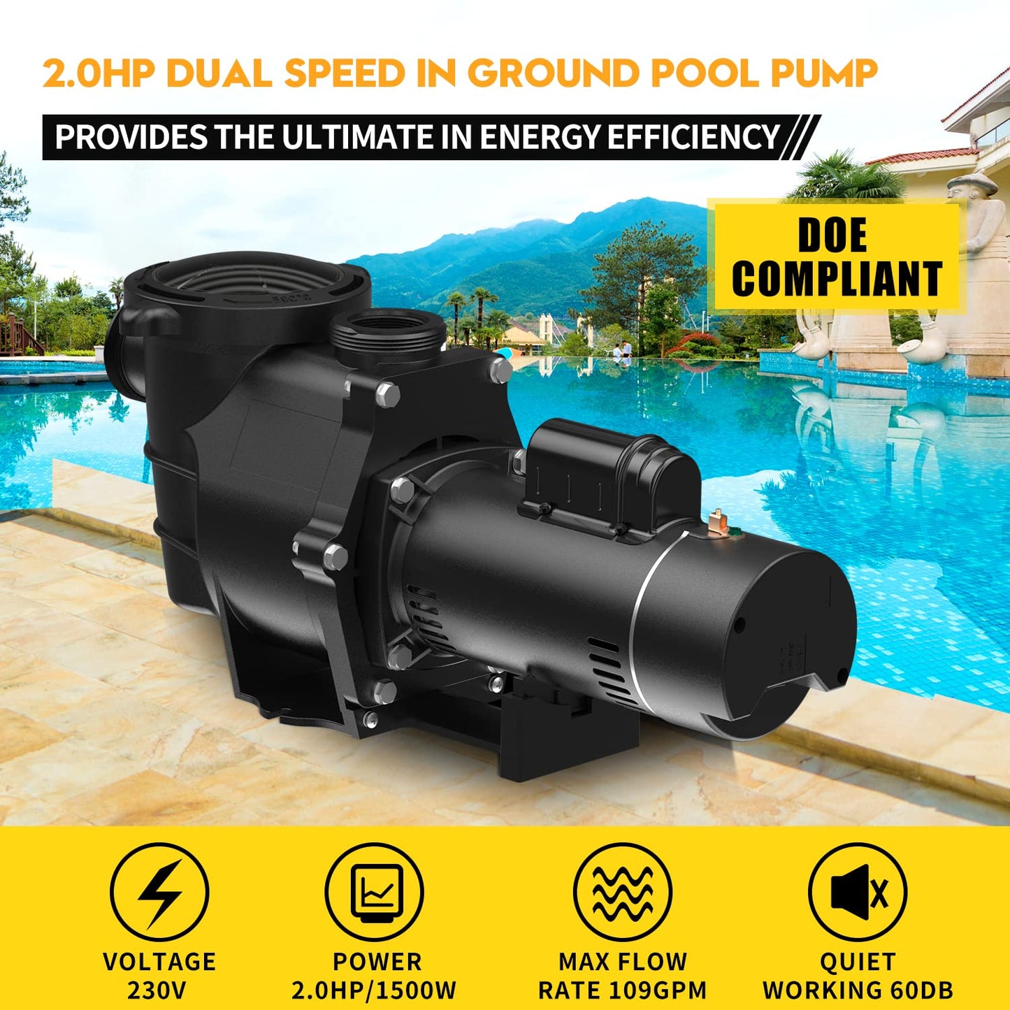 BRIOPAWS 2HP Dual Speed Pool Pump, 6420GPH Flow, 66FT Head Lift, 1.5" and 2" Fittings, Self-Priming Water Pump for Inground/Above Ground/Seawater Pools and Hot Tubs, 230V 60HZ AC 2.0hp
