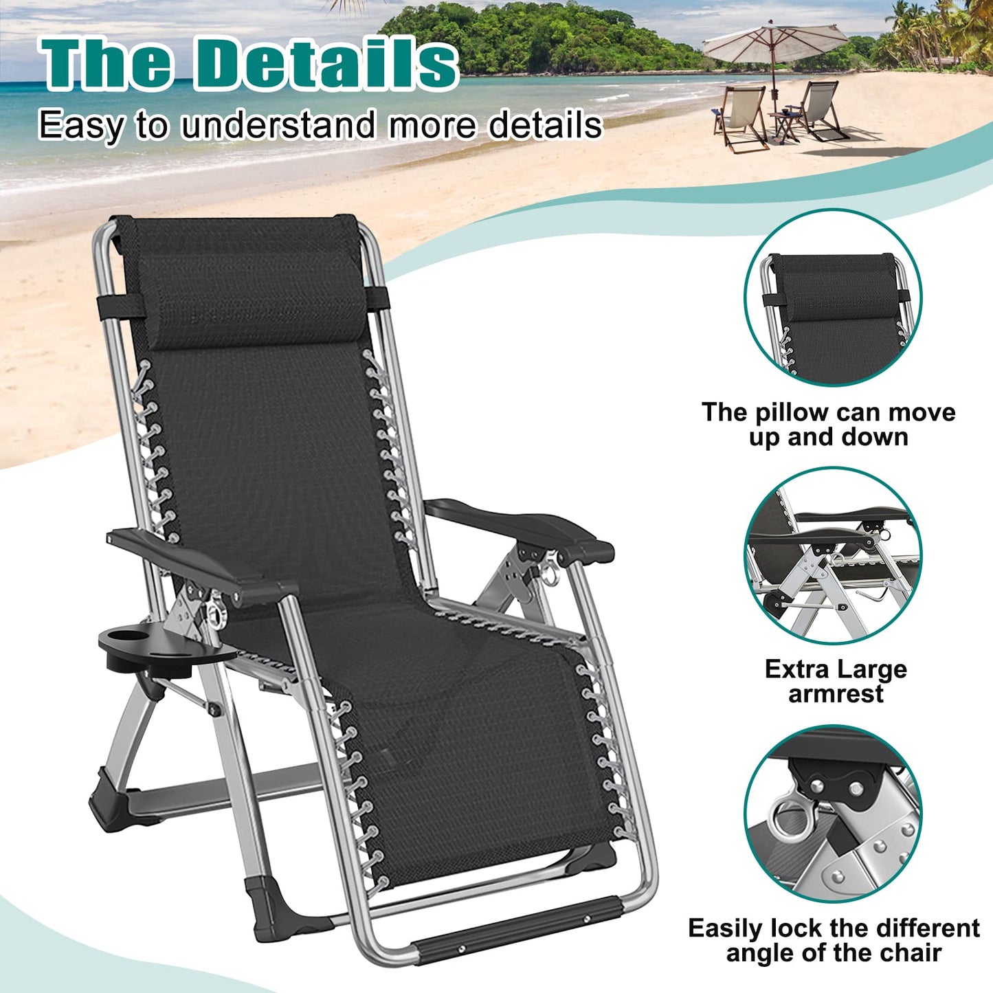 Chaise Zero Gravity, inclinable de pelouse, chaise longue de patio inclinable, chaise longue portable pliante avec coussin doux détachable, porte-gobelet, appuie-tête noir Zero Gravity Chair