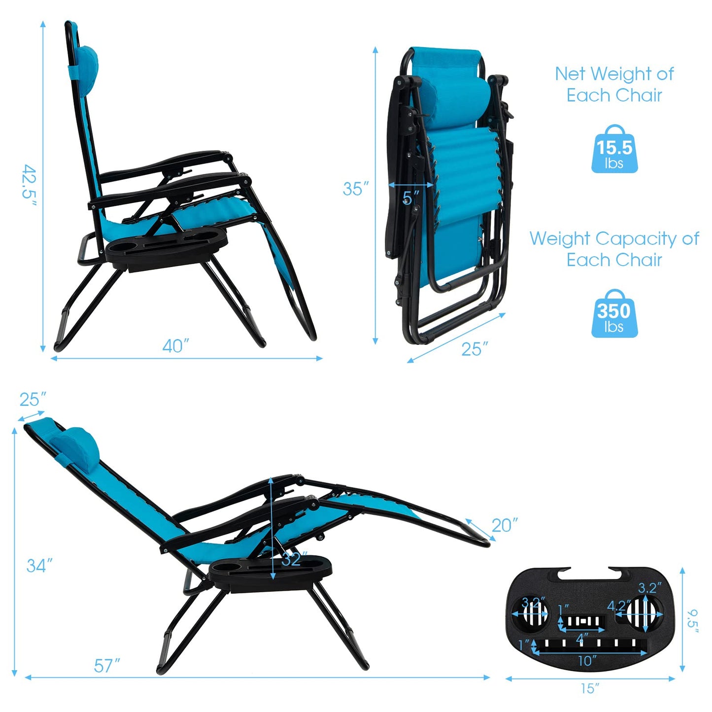 Goplus Zero Gravity Chaise, Chaise longue inclinable et pliante réglable avec oreiller et porte-gobelet, Patio Pelouse inclinable pour piscine extérieure Camp Yard (1, Bleu clair) Lot de 1