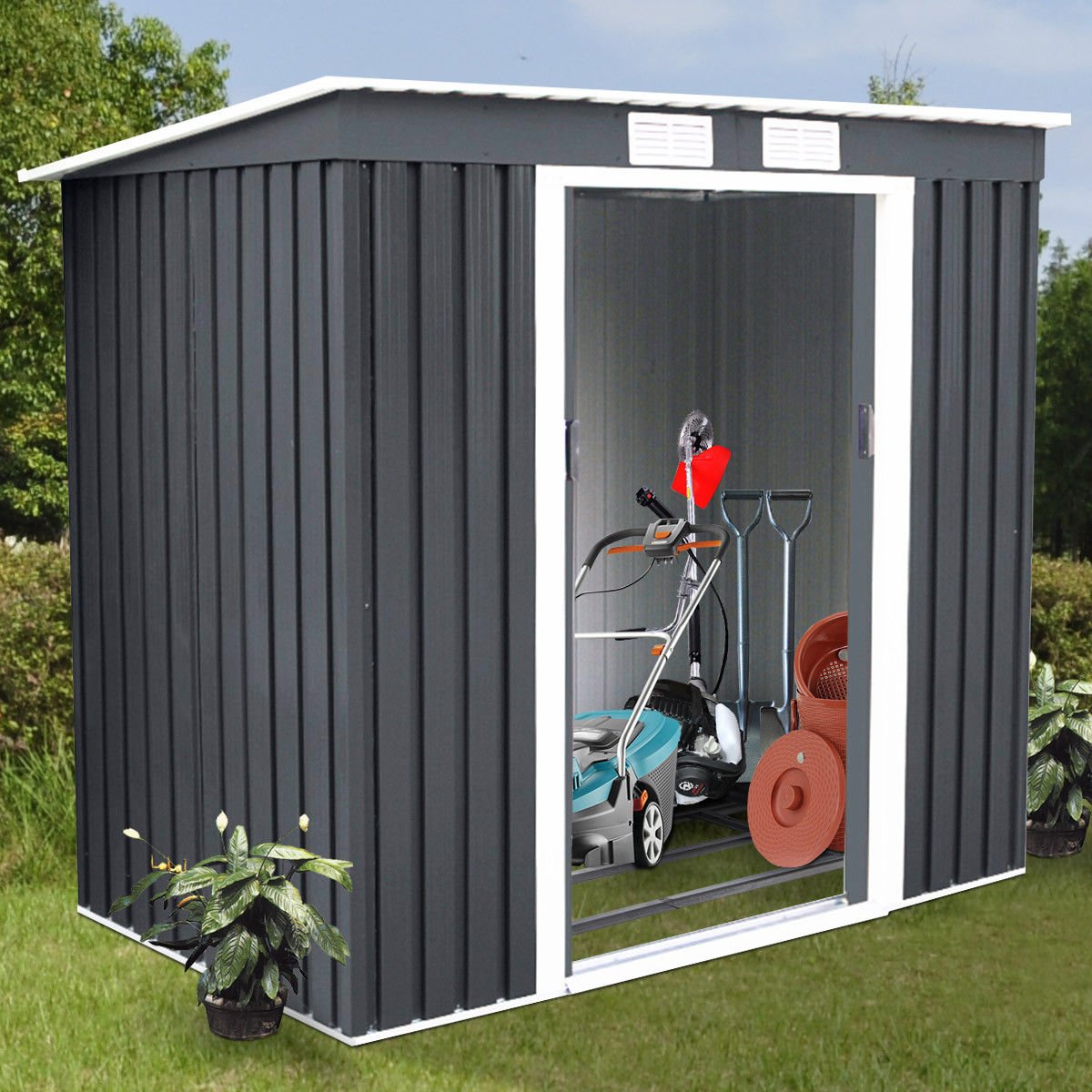 Goplus 4' X 7' Outdoor Storage Shed Garden Sliding Door Outside Tool House (Gray) Gray