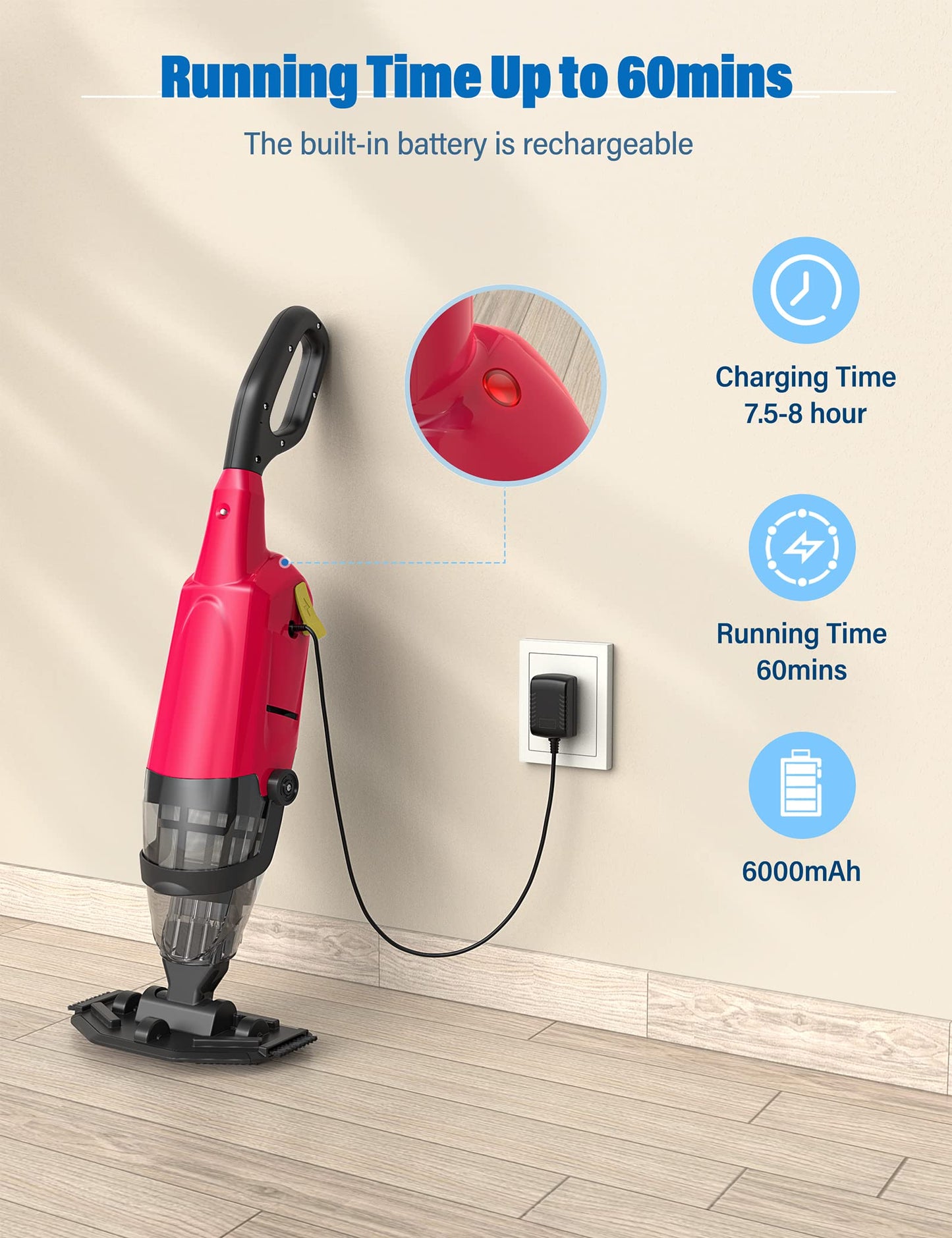 Efurden Handheld Pool Vacuum, Rechargeable Pool Cleaner with Running Time up to 60-Minutes Ideal for Above Ground Pools, Spas and Hot Tub for Sand and Debris, Carmine Rose red