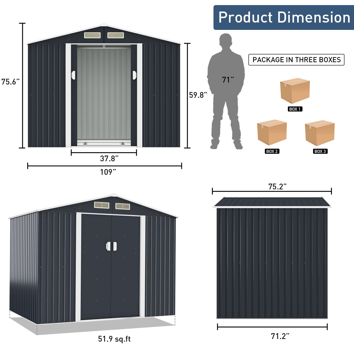 HOGYME 9.1' x 6.3' Storage Shed, Sheds & Outdoor Storage with Double Sliding/Lockable Door, Metal Tool Shed for Garden Backyard Patio Lawn, Gray 9x6