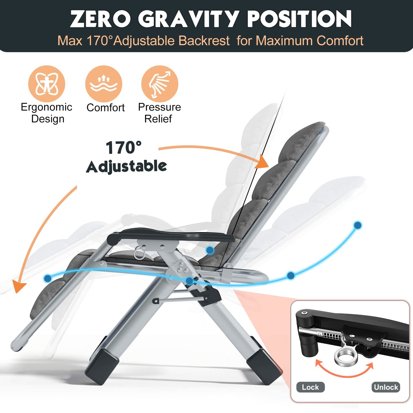 MOPHOTO Chaise Zero Gravity, chaise longue rembourrée d'extérieur avec table d'appoint, chaise inclinable Zero Gravity, chaise inclinable d'extérieur, robuste et confortable, prend en charge jusqu'à 440 lb Line Grey Zero Gravity Chair-2PK