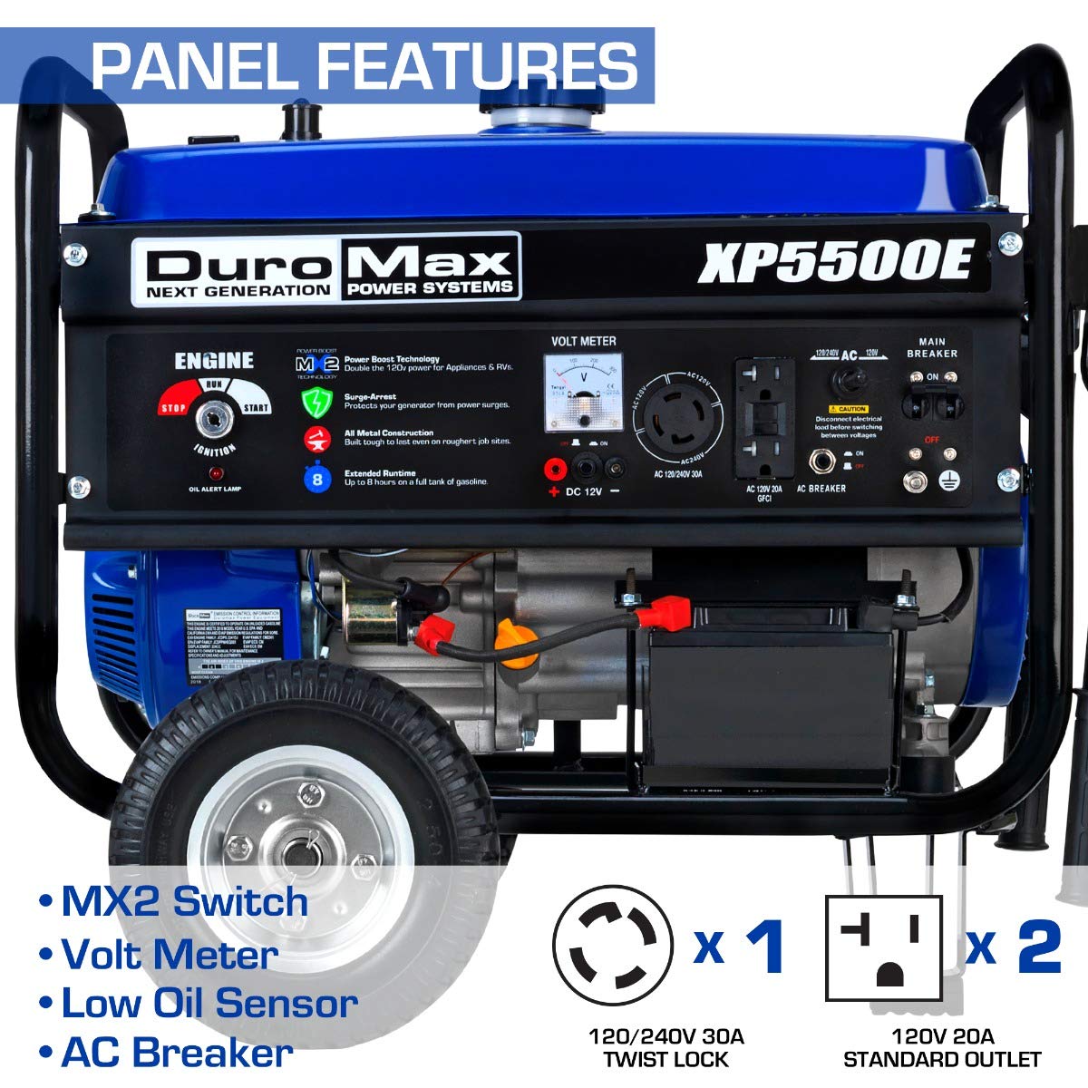 DuroMax XP5500E Générateur portable à gaz - 5 500 W - Démarrage électrique - Prêt pour le camping et les camping-cars - Approuvé par 50 États - Bleu/noir - 5 500 W 