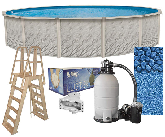 Lake Effect Meadows 21' Round Above Ground Swimming Pool Complete Bundle Kit | 52" Height | Boulder Swirl Pattern Overlap Pool Liner | A Frame Ladder System | Sand Filter System with Pump | Skimmer
