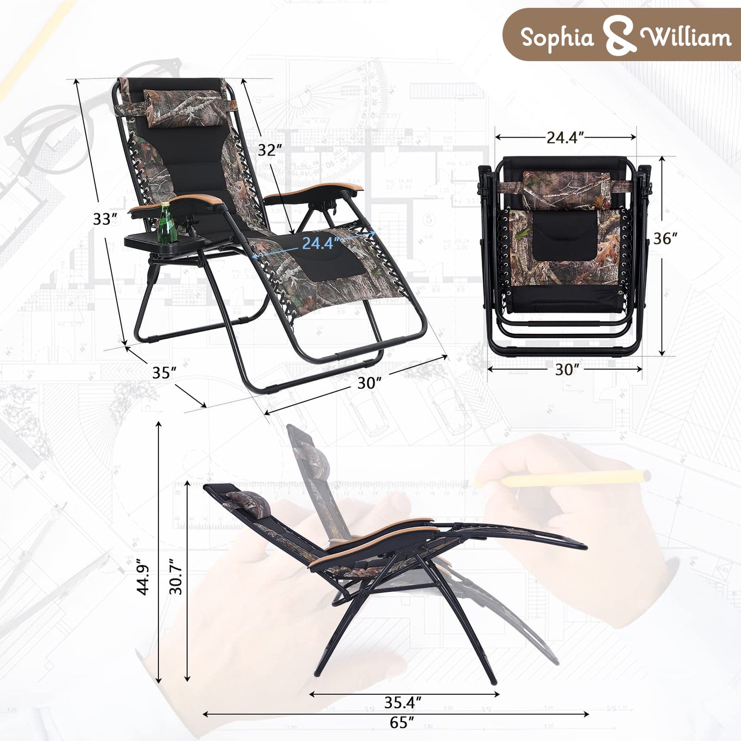 Sophia &amp; William Lot de 2 fauteuils inclinables XL Zero Gravity rembourrés et réglables avec accoudoir large et porte-gobelet, support 400 LBS, lot de 2 camouflages