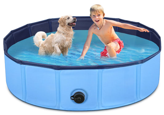 Jecoo Grande piscine pliable pour chien, baignoire en plastique pour animal domestique, bleu, 48" x 12"