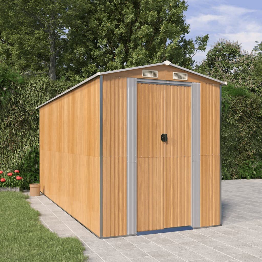 GOLINPEILO Outdoor Garden Shed with Sliding Doors and Vents Galvanized Steel Outdoor Tool Shed Pool Supplies Organizer Outside Shed for Yard Backyard Lawn Mower, Light Brown 75.6"x173.2"x87.8" 75.6"x173.2"x87.8"