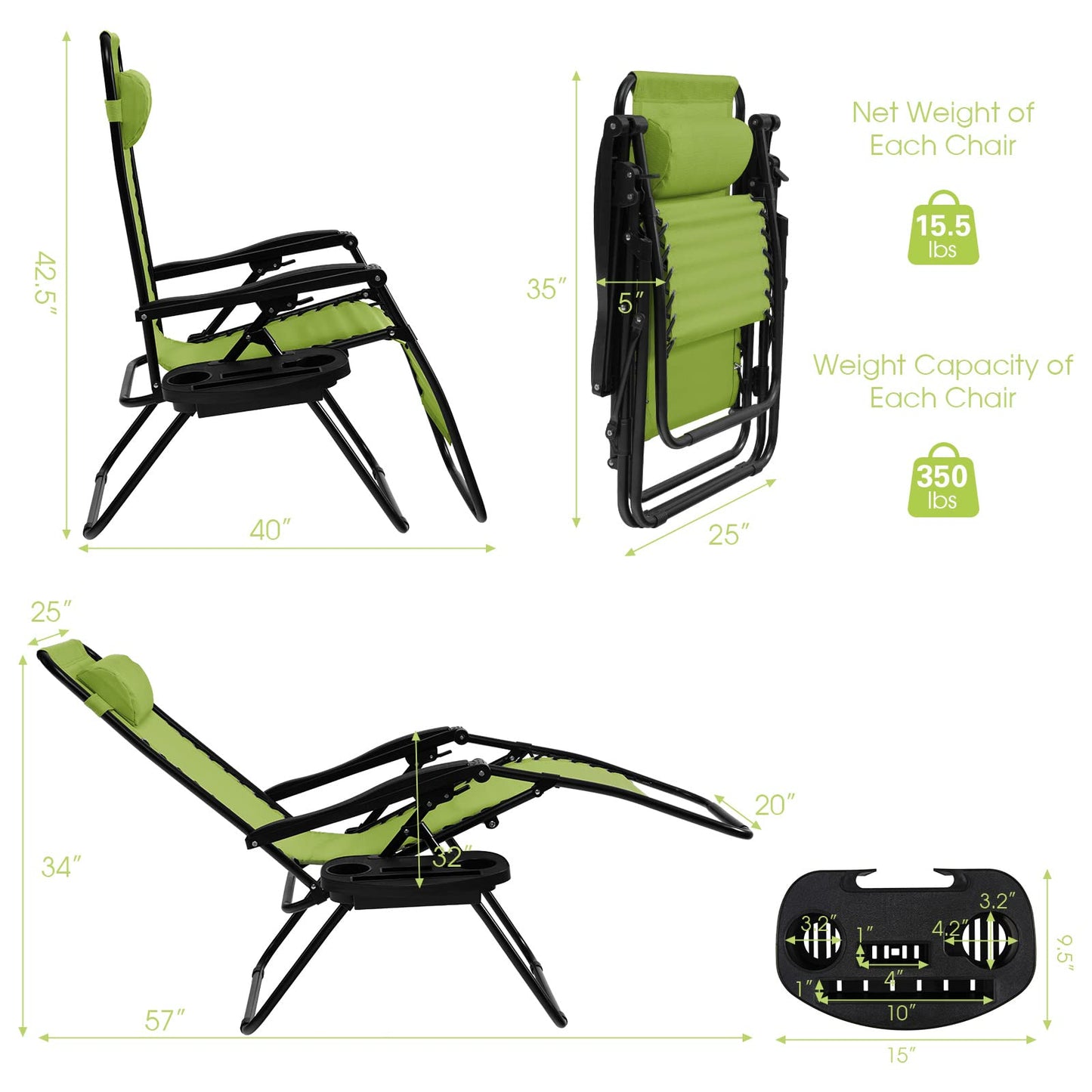 Goplus Zero Gravity Chaise, Chaise Longue Inclinable Pliante Réglable avec Oreiller et Porte-gobelet, Patio Pelouse inclinable pour Piscine Extérieure Camp Yard (1, Vert) lot de 1