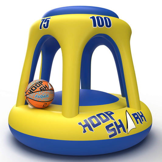 Ensemble de paniers de basket-ball de piscine par Hoop Shark - Orange/Bleu - Cerceau gonflable avec ballon - Parfait pour les jeux aquatiques compétitifs et les tirs astucieux - Jouet d'été ultime jaune